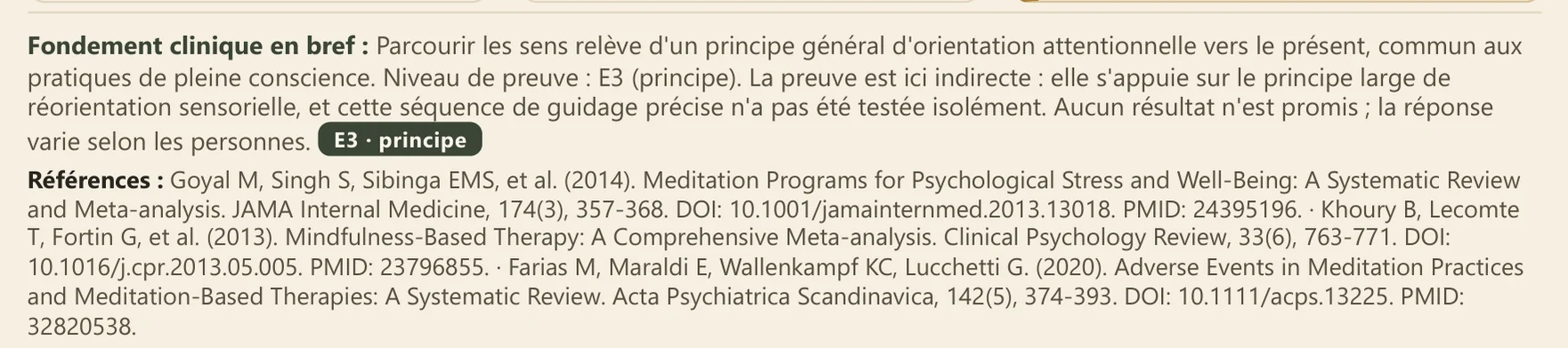Bas de page d'une fiche avec le fondement clinique, le niveau de preuve et la bibliographie